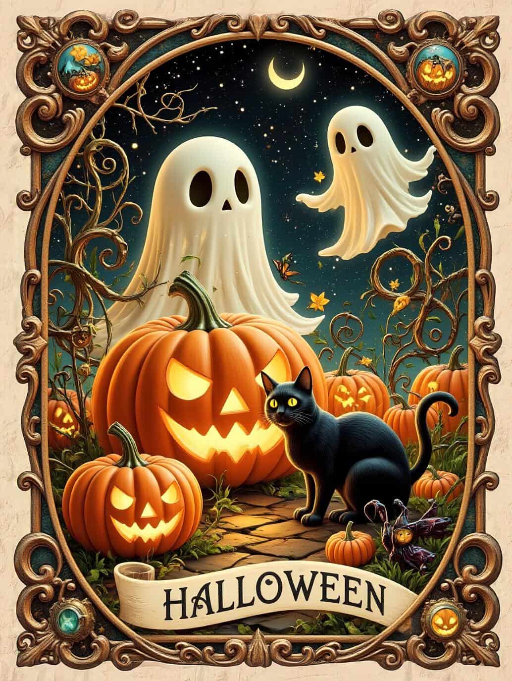 Illustration originale style carte postale d'Halloween avec citrouilles sculptées, fantômes et chat noir