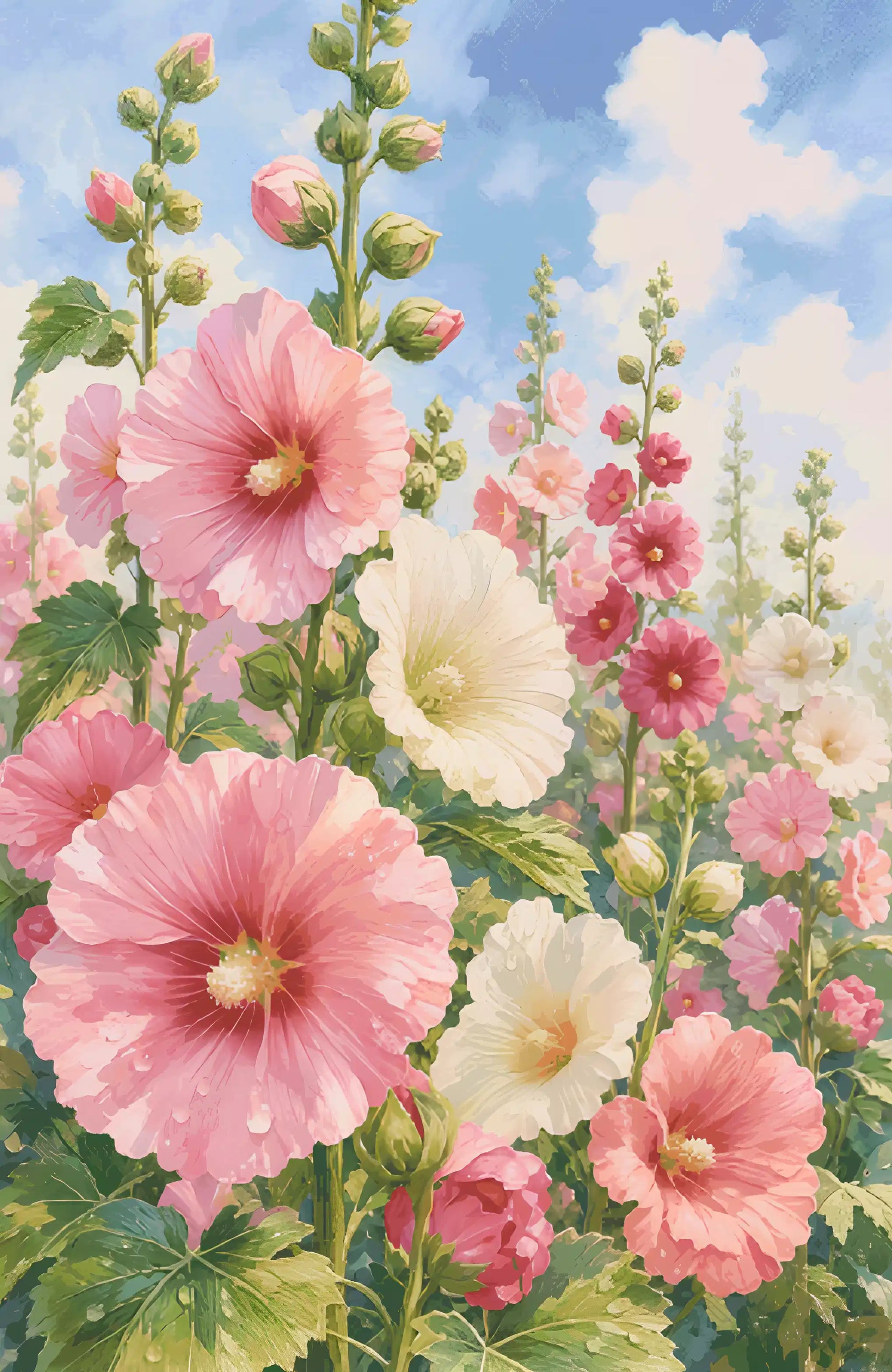 Diamond painting de fleurs de guimauves trémières roses et blanches se dressant vers un ciel bleu nuageux.