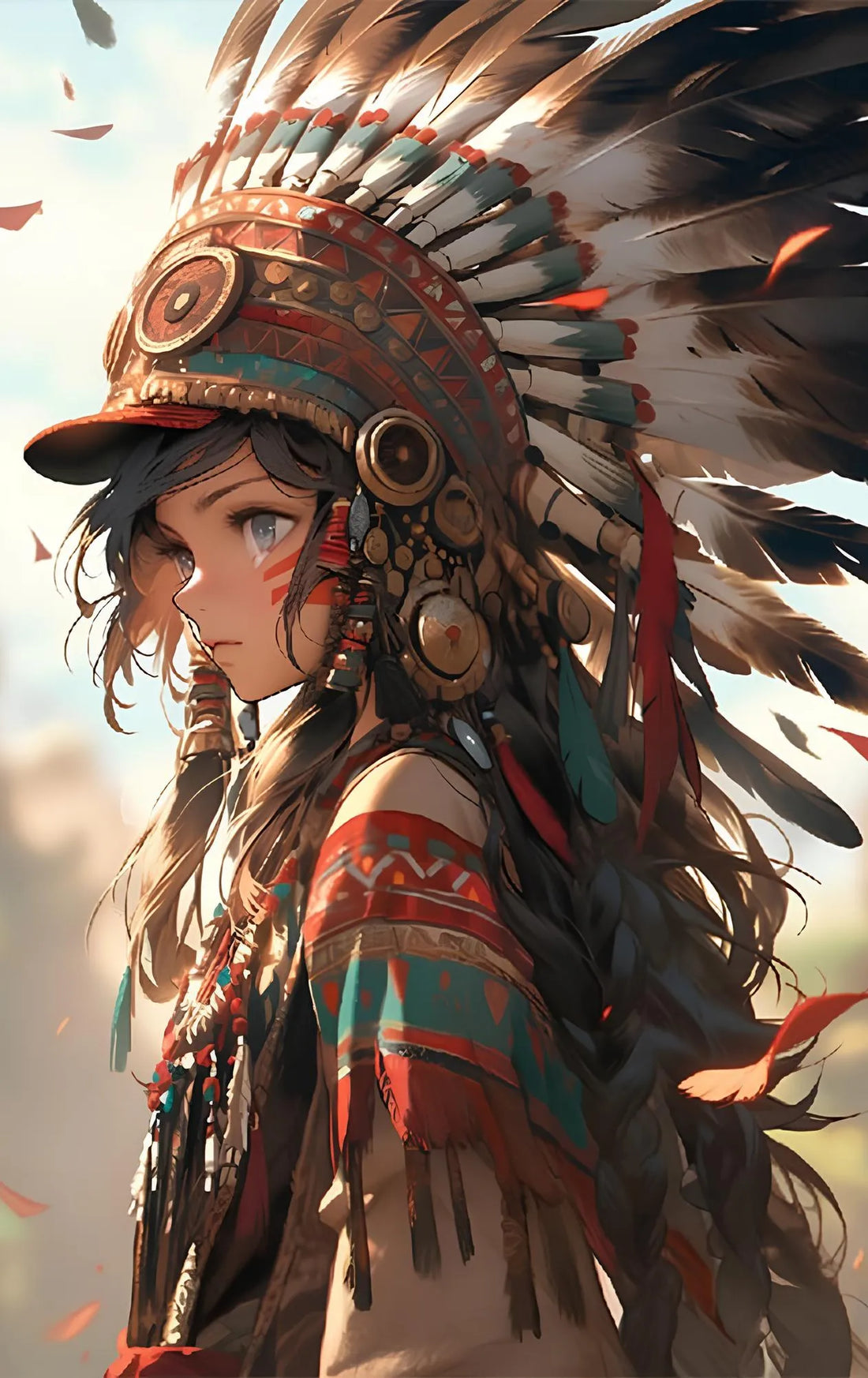 Kit complet de broderie diamant représentant le portrait d'une jeune femme amérindienne en profil avec une coiffe de plumes