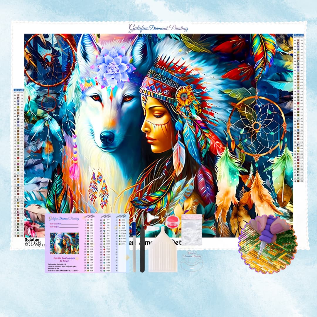 Kit complet Broderie Diamant Loup et jeune fille amérindienne, tous les outils inclus