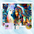 Kit complet Broderie Diamant Loup et jeune fille amérindienne, tous les outils inclus