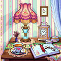 Illustration originale style dessin animé d'un intérieur vintage avec abat-jour à franges, tasse de thé et livre de lecture