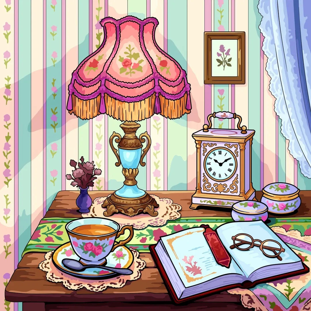 Illustration originale style dessin animé d'un intérieur vintage avec abat-jour à franges, tasse de thé et livre de lecture