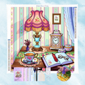 Kit complet de broderie diamant montrant une lampe vintage rose, une tasse de thé et un livre ouvert sur une table en bois