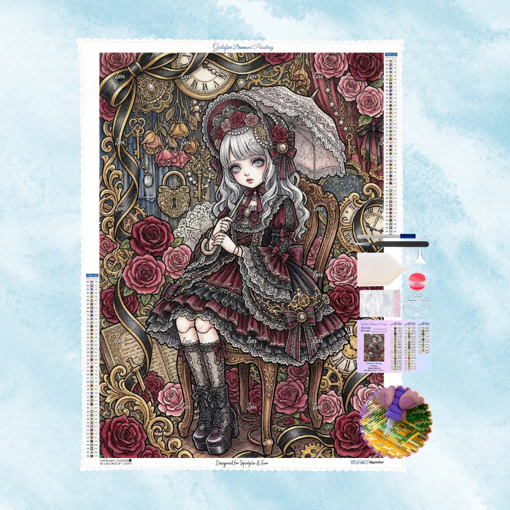 Kit de broderie diamant affichant une fille de style lolita gothique avec une ombrelle, entourée de roses et de cadrans d'horloges.