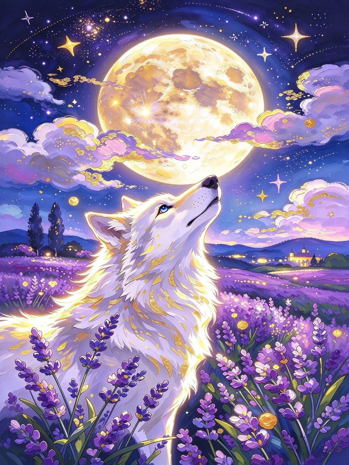 Illustration originale style fantasy d'un loup blanc brillant avec des reflets dorés dans un champ de lavande sous une lune géante