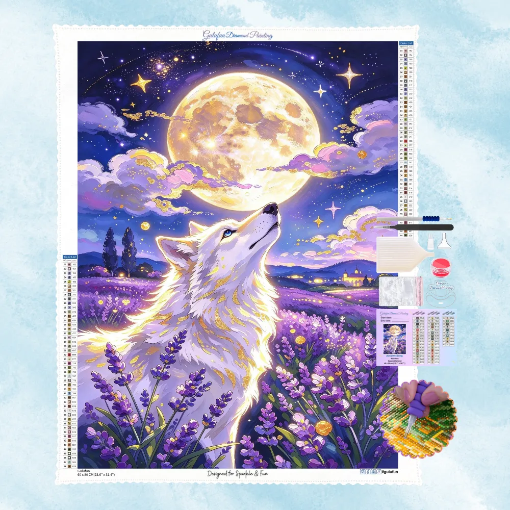 Kit complet de broderie diamant représentant un loup blanc hurlant ou regardant la lune au milieu de lavandes sous un ciel étoilé
