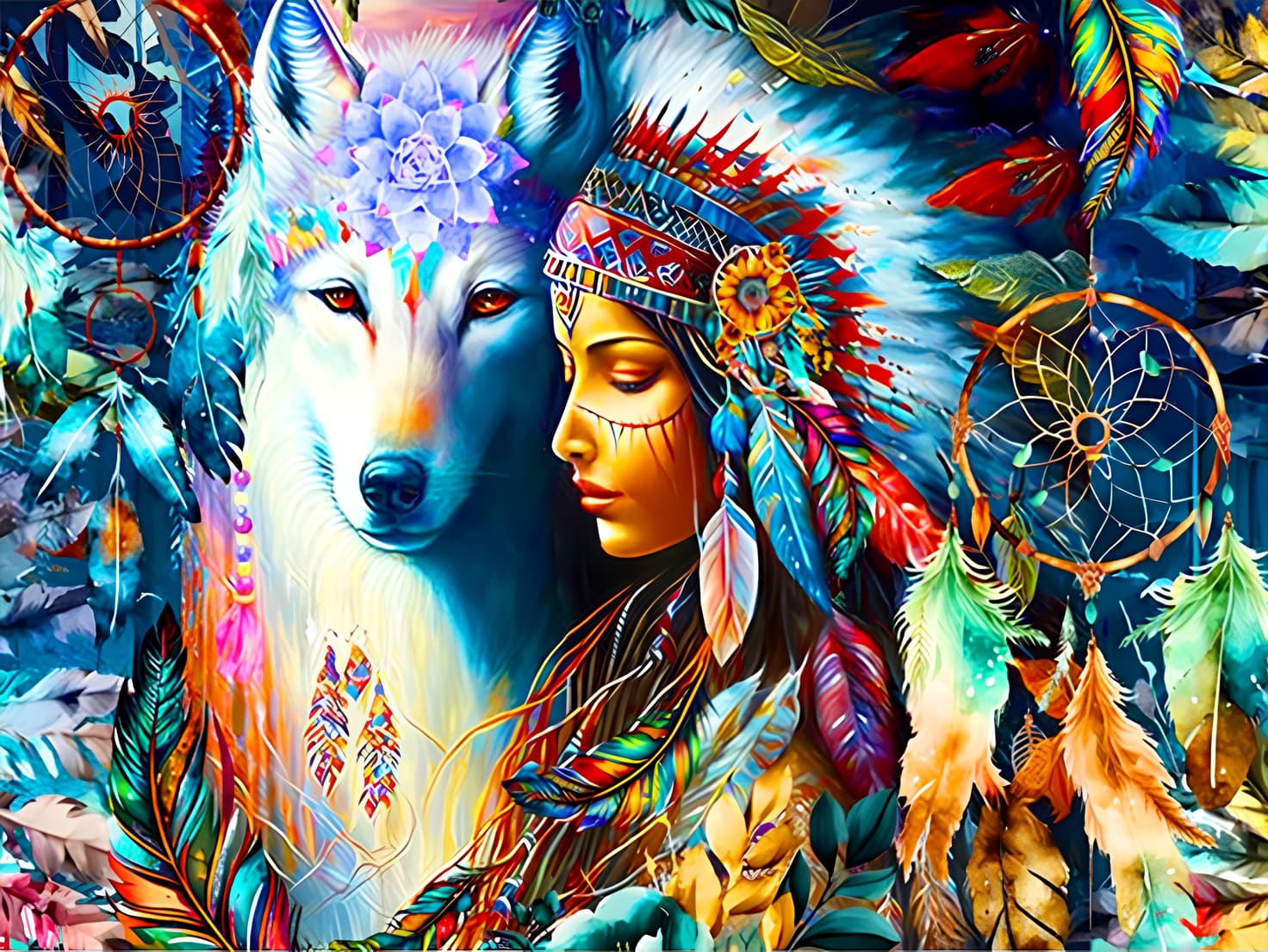 Broderie Diamant Loup et jeune fille amérindienne, kit DIY créatif et relaxant