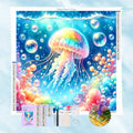 Kit de broderie diamant illustrant une méduse lumineuse et colorée entourée de bulles d'eau et de coraux.