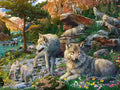 Illustration originale réaliste d'une meute de loups dans la forêt avec montagnes, cascade et louveteaux