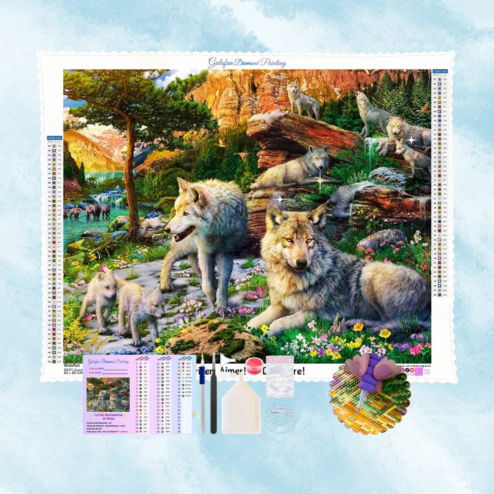Kit complet de broderie diamant représentant une meute de loups majestueux entourée de montagnes et de cascades