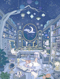 Illustration originale d'un observatoire magique sous les étoiles avec une jeune fille et son chat