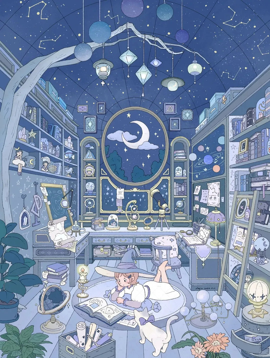 Illustration originale d'un observatoire magique sous les étoiles avec une jeune fille et son chat