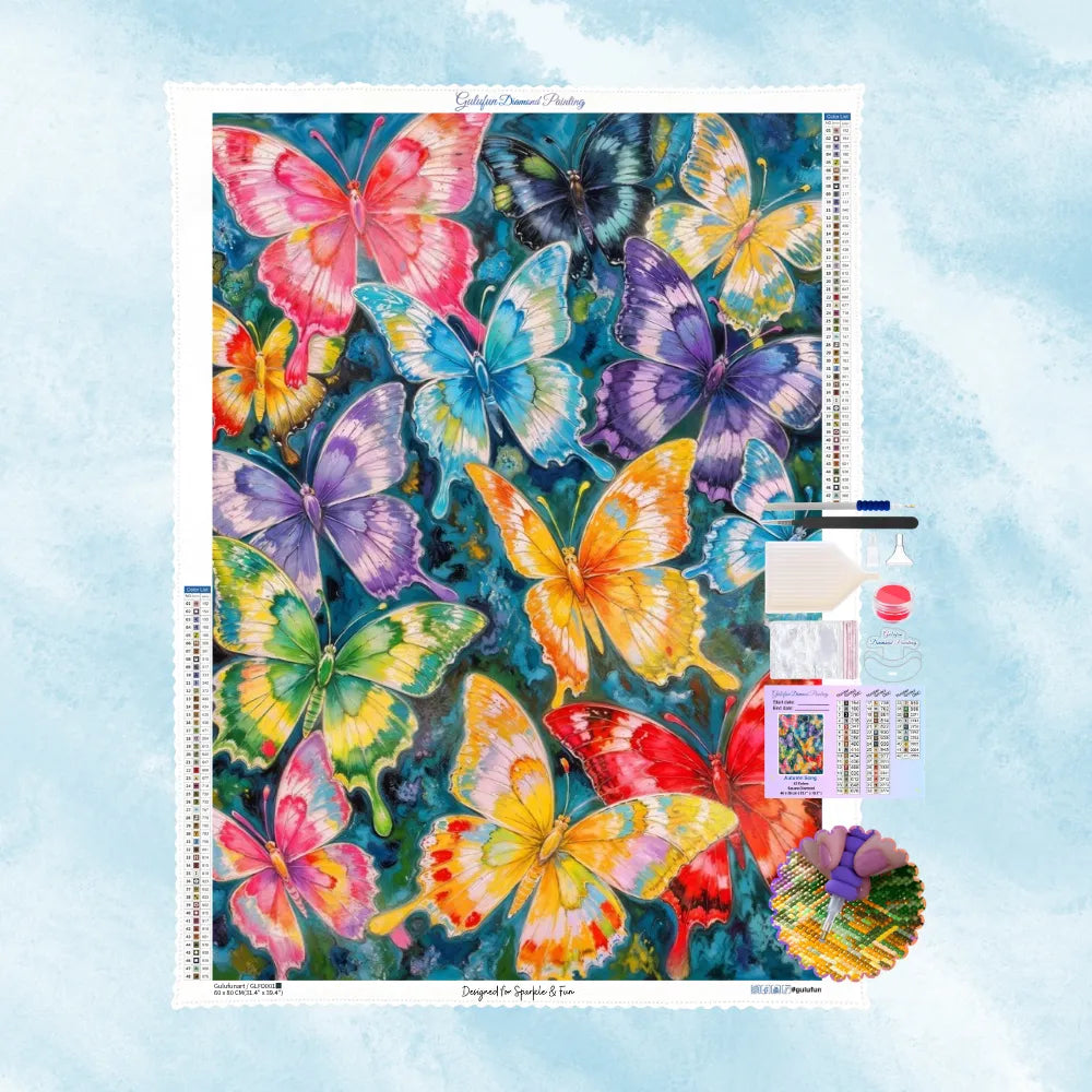 Kit de broderie diamant représentant de multiples papillons aux couleurs vives sur un fond bleu texturé.