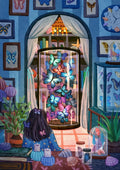 Illustration originale d'une chambre féérique bleue avec bocaux de coquillages, plantes et dôme de papillons