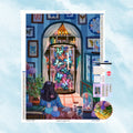 Kit complet de broderie diamant présentant une jeune fille observant des papillons bleus et violet sous cloche