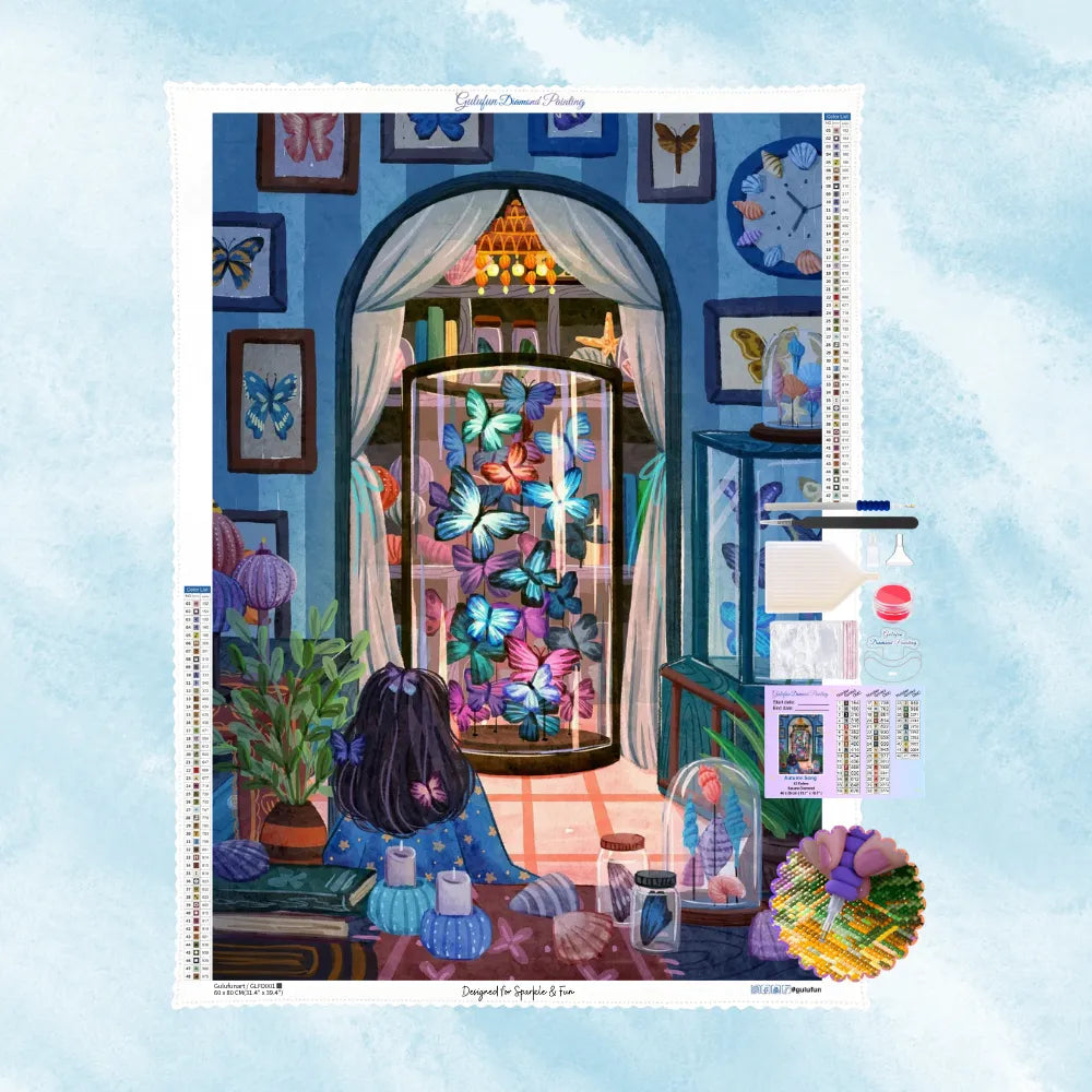 Kit complet de broderie diamant présentant une jeune fille observant des papillons bleus et violet sous cloche