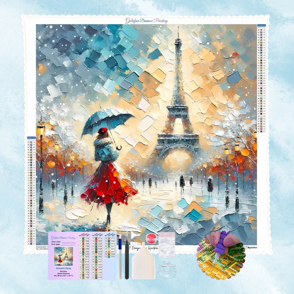 Kit complet de broderie diamant montrant une femme au parapluie marchant vers la Tour Eiffel dans un style peinture impressionniste.