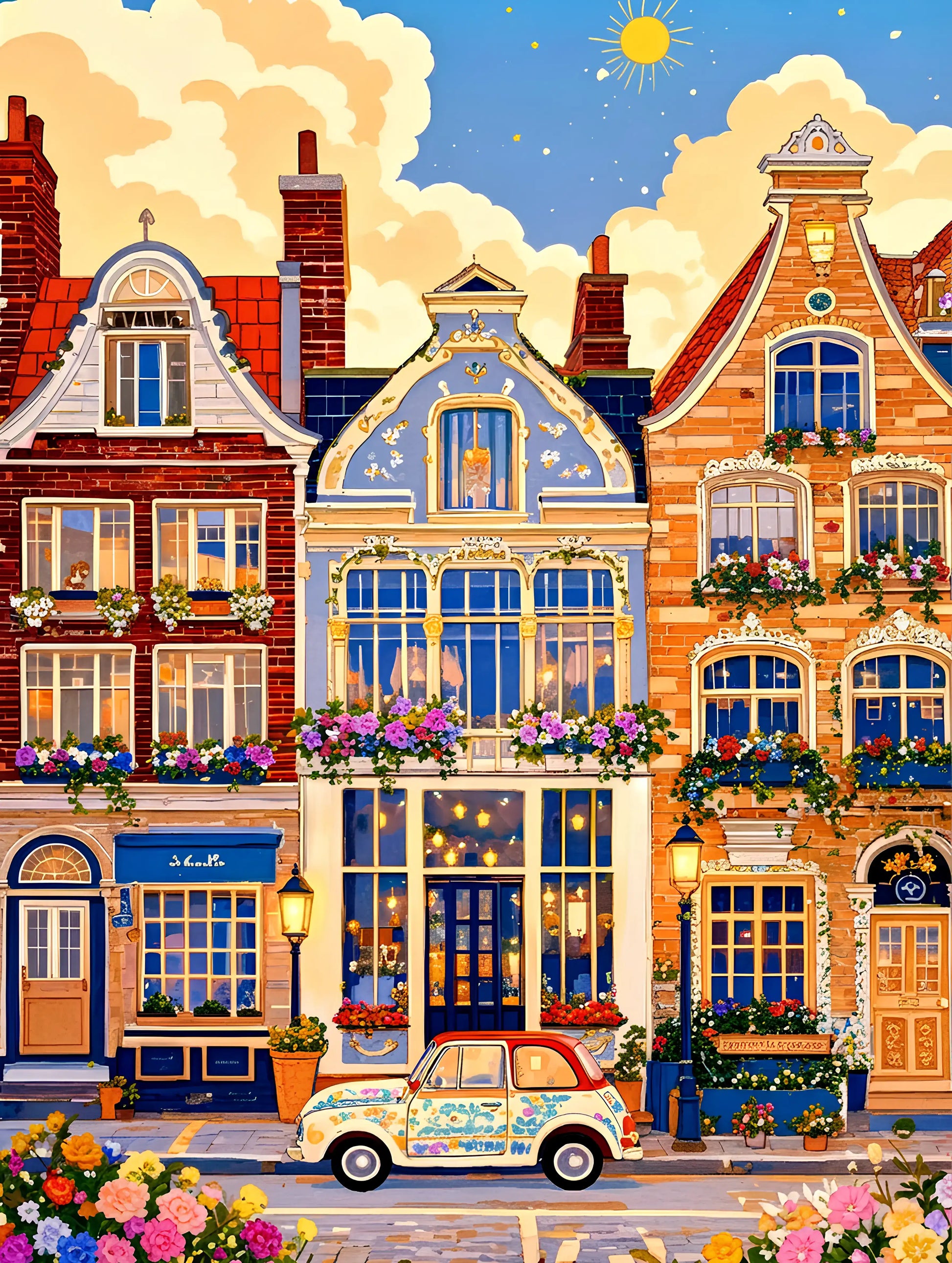 Patron de broderie diamant représentant une scène de rue joyeuse avec trois maisons européennes aux façades colorées, ornées de fleurs, et une voiture vintage fleurie garée en bas sous un ciel ensoleillé.