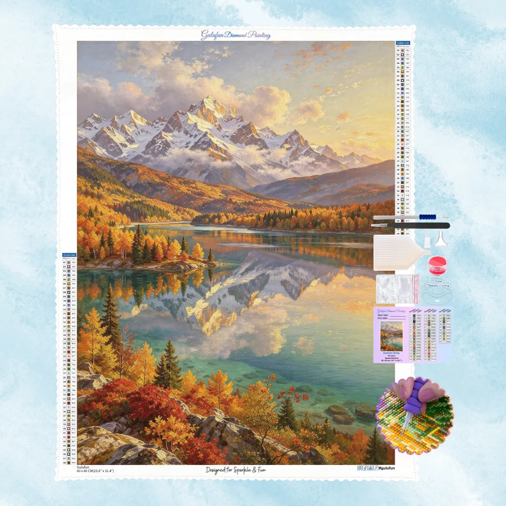 Kit complet de broderie diamant montrant un paysage de montagnes enneigées et un lac paisible aux forêts d'automne