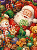 Illustration originale très détaillée d'un Père Noël avec lunettes, pain d'épices, boules de Noël et jouets traditionnels