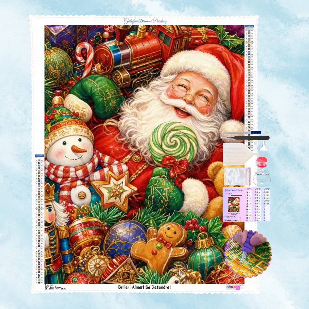 Kit complet de broderie diamant montrant un Père Noël joyeux allongé parmi des jouets, bonhomme de neige et ours en peluche