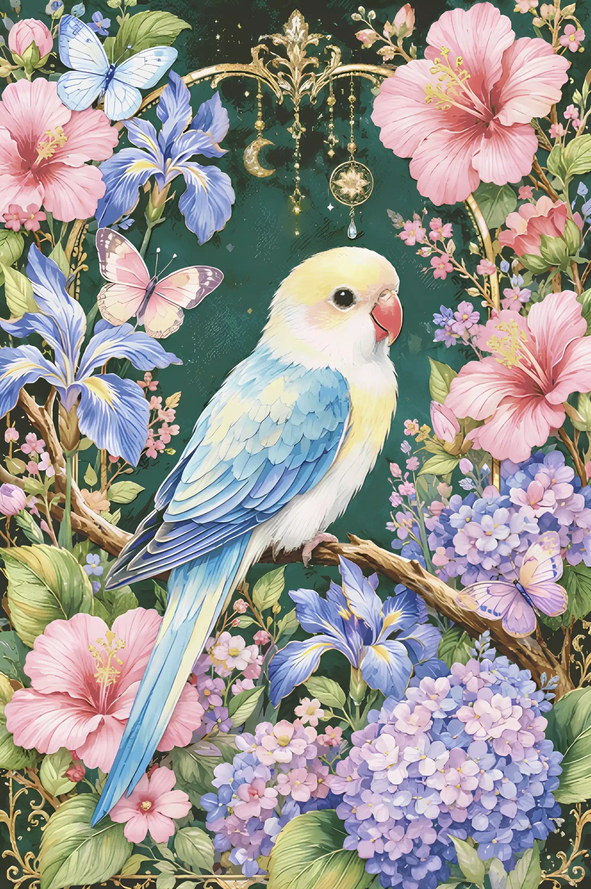 Broderie diamant d'un perroquet bleu et jaune perché au milieu d'hibiscus roses et de papillons dans un cadre doré.