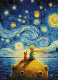 Rendu final scintillant de la broderie diamant Le Petit Prince assis sur sa planète sous un ciel étoilé magique.