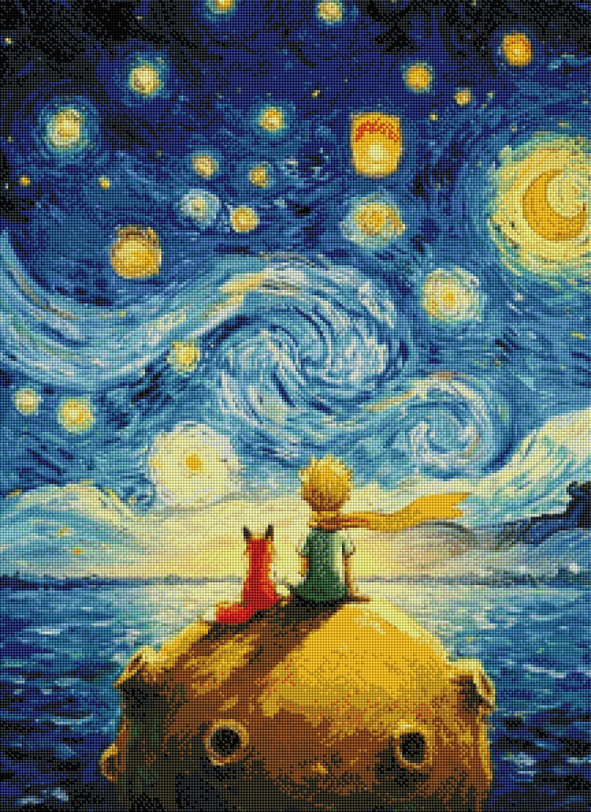 Rendu final scintillant de la broderie diamant Le Petit Prince assis sur sa planète sous un ciel étoilé magique.
