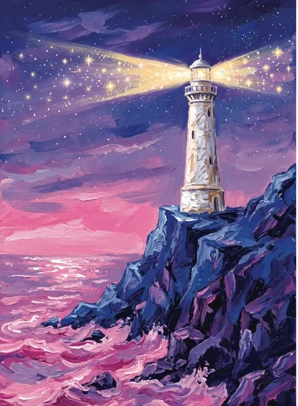 Illustration originale style peinture à l'huile d'un phare éclairant l'océan avec des reflets roses et une voie lactée étincelante