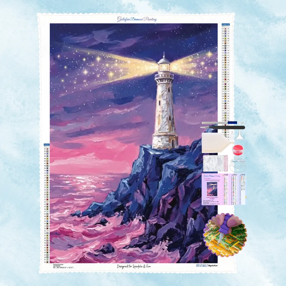 Kit complet de broderie diamant représentant un phare illuminé sur une falaise face à une mer rose sous un ciel étoilé