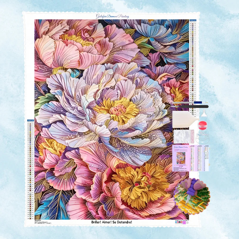 Kit de broderie diamant représentant des pivoines colorées avec un effet de relief et des lignes dorées