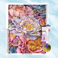 Kit de broderie diamant représentant des pivoines colorées avec un effet de relief et des lignes dorées