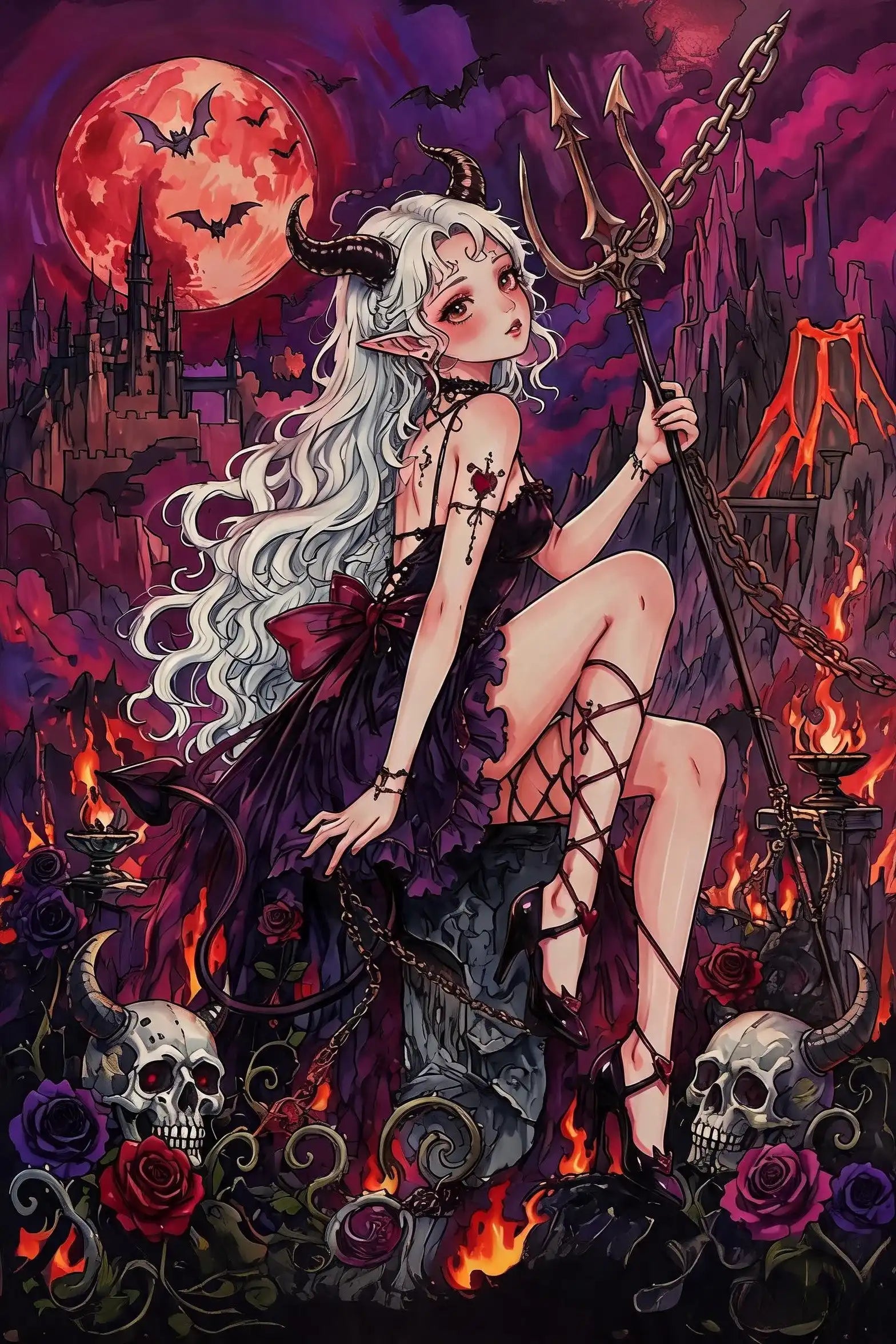 Broderie diamant d'une princesse démone aux cheveux blancs tenue d'un trident sous une lune rouge sang.