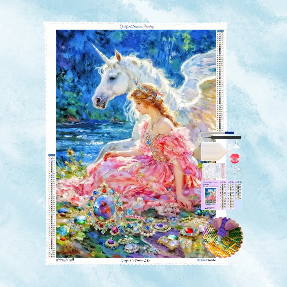 Kit de broderie diamant mettant en scène une princesse en robe rose assise à côté d'une magnifique licorne blanche ailée.