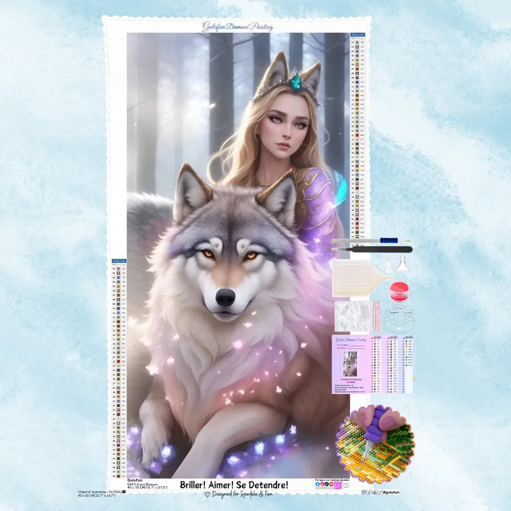 Kit de broderie diamant illustrant une belle princesse mystique accompagnée de son grand loup argenté dans une forêt.