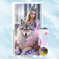 Kit de broderie diamant illustrant une belle princesse mystique accompagnée de son grand loup argenté dans une forêt.