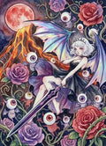 Kit broderie diamant d'une fée sombre tenant une épée magique entourée de roses et de petits monstres à œil.