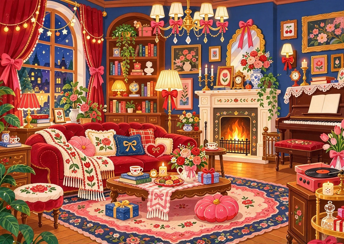Illustration originale détaillée d'un intérieur vintage avec feu de cheminée, tourne-disque, bibliothèque et canapé