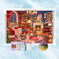 Kit complet de broderie diamant montrant un salon chaleureux avec cheminée allumée, canapé rouge et piano