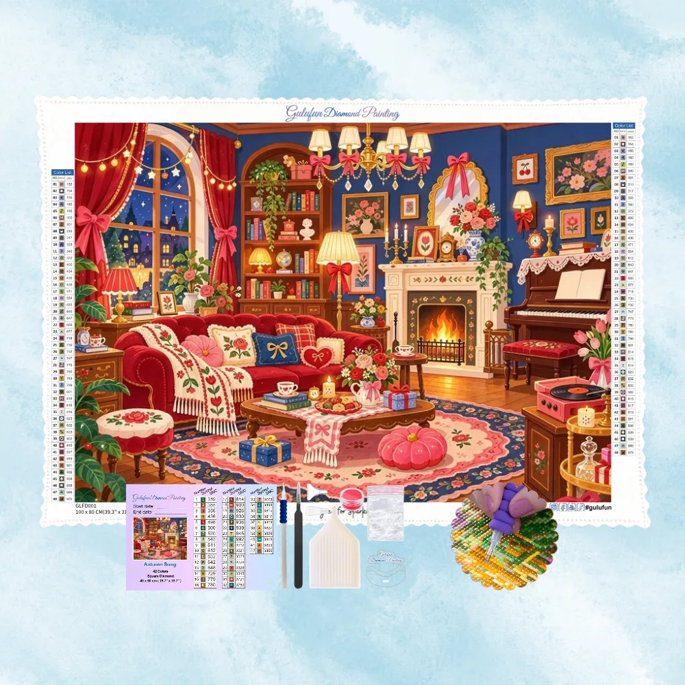 Kit complet de broderie diamant montrant un salon chaleureux avec cheminée allumée, canapé rouge et piano