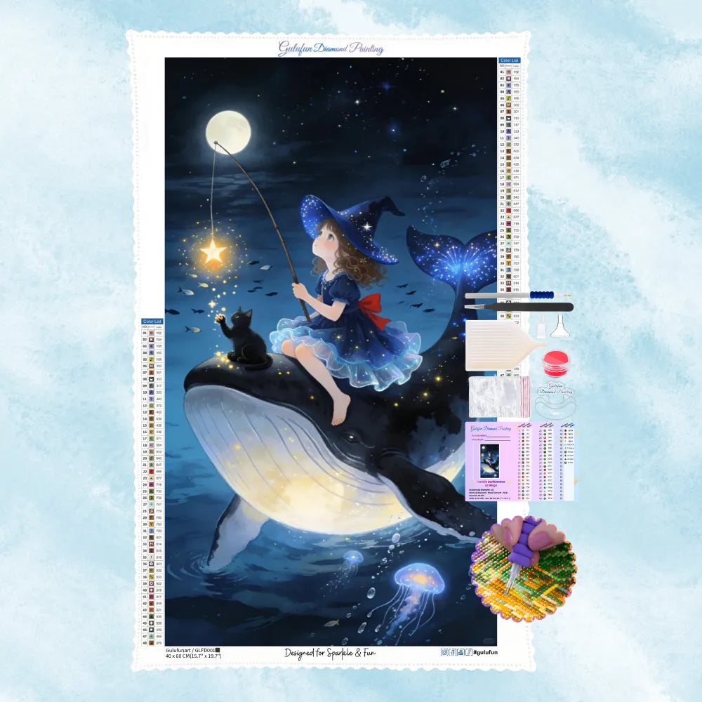 Kit de broderie diamant représentant une petite sorcière sur une baleine pêchant une étoile lumineuse avec son chat noir.