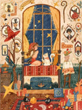 Illustration originale d'une scène chaleureuse avec une jeune fille, un chat blanc, des étoiles et une décoration magique vintage