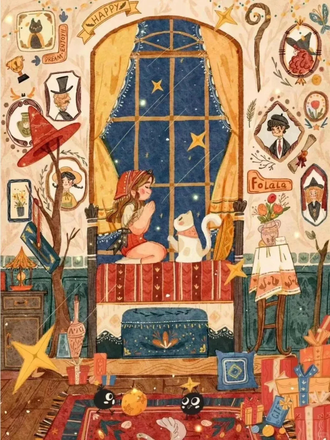 Illustration originale d'une scène chaleureuse avec une jeune fille, un chat blanc, des étoiles et une décoration magique vintage