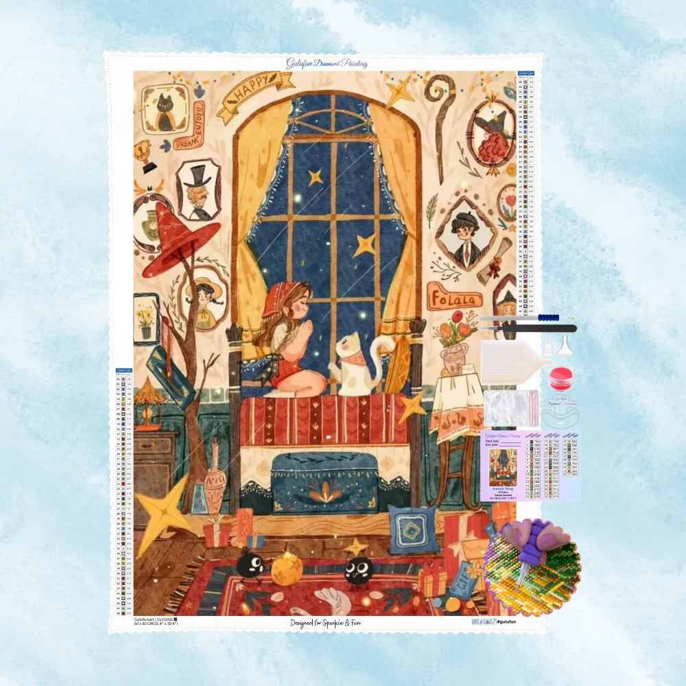 Kit complet de broderie diamant illustrant une petite sorcière à genoux près de sa fenêtre avec son chat blanc sous la nuit étoilée