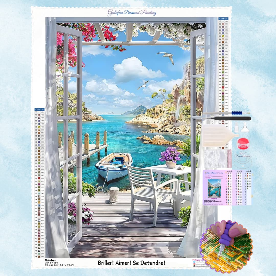 Broderie diamant terrasse en bord de mer avec kit complet, perles, toile imprimée et accessoires