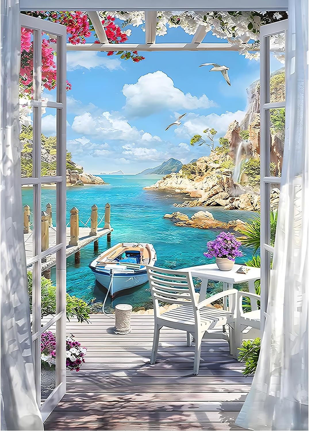 Modèle de broderie diamant représentant une terrasse face à la mer, bateaux, fleurs et ciel bleu