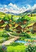 Illustration originale style aquarelle d'un paisible village alpin avec cabanes en bois, pont du ruisseau et sommet des Alpes