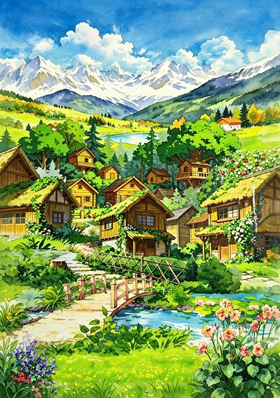 Illustration originale style aquarelle d'un paisible village alpin avec cabanes en bois, pont du ruisseau et sommet des Alpes