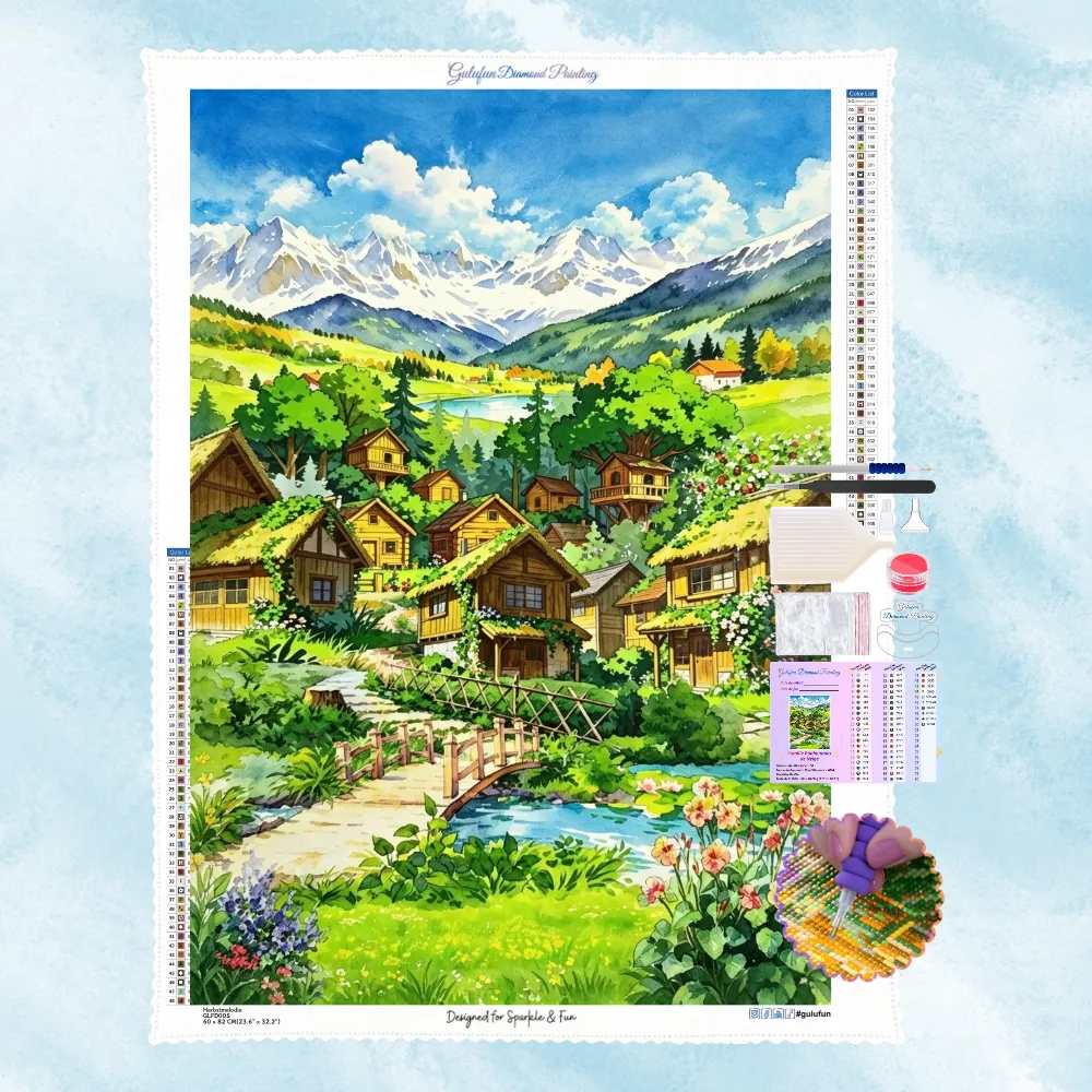 Kit complet de broderie diamant montrant un village de chalets en bois au pied de montagnes enneigées avec un pont et une rivière